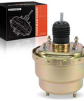 Street Proven Universal Vacuum Power Brake Booster For Hot Rods And Muscle Cars With Dual Diaphragm 7 Inch Design viewed from the side with box.