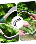 Ergonomic Garden Weeding Tool Set, Lightweight Manganese Steel Scythe Blade shown cutting grass and weeds outdoors, 2 Pack.