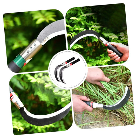 Ergonomic Garden Weeding Tool Set, Lightweight Manganese Steel Scythe Blade shown cutting grass and weeds outdoors, 2 Pack.