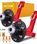 Heavy Duty Shipping Container Wheels Kit With 8800 Pound Axle And Secure Ratchet Straps For Smooth Sailin showing red hubs and yellow container.