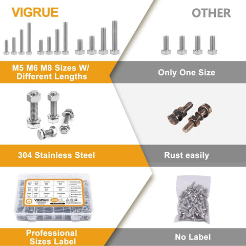 VIGRUE 408-piece 304 stainless steel bolt and nut assortment with M5/M6/M8 bolts, nuts, washers in a case