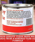 Top Shelf Bowling Alley Clear Paste Wax For Real Deal Surface Protection And Sweet Finish Polishing With Heavy Duty Carnauba Formula In Trusty 16 Oz Tin Can with instructions on label.