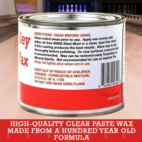 Top Shelf Bowling Alley Clear Paste Wax For Real Deal Surface Protection And Sweet Finish Polishing With Heavy Duty Carnauba Formula In Trusty 16 Oz Tin Can with instructions on label.