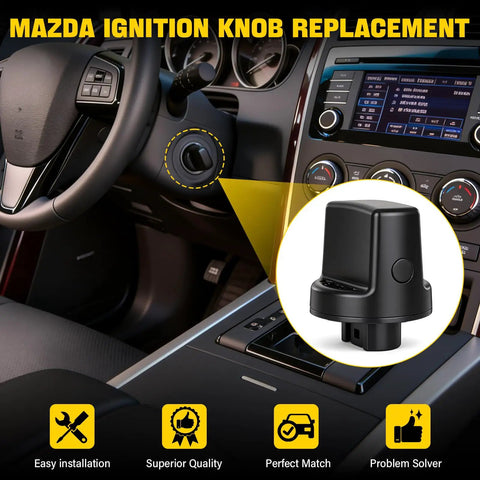Mazda Keyless Ignition Knob And Push Start Button Replacement Kit showing plug-and-play installation inside car dashboard.