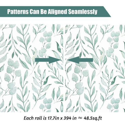 Green Leaf Floral Peel and Stick Wallpaper Self Adhesive Wall Covering 17.7 x 394 Inches Watercolor Leaves shown in aligned pattern
