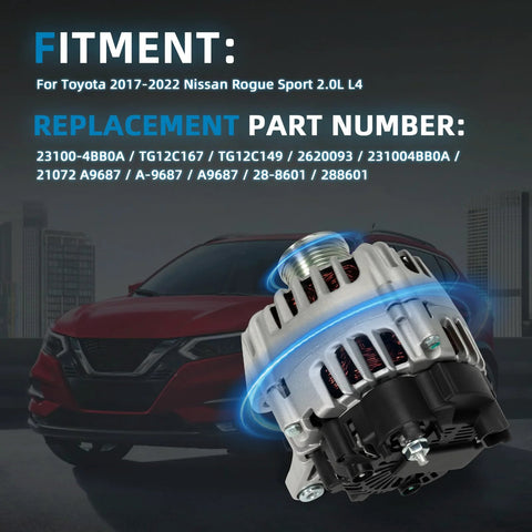 High Output Alternator For Nissan Rogue Sport 2017 To 2022 2.0L 12V 120A With 6 Groove Clutch Pulley Clockwise Direct Fit Replacement