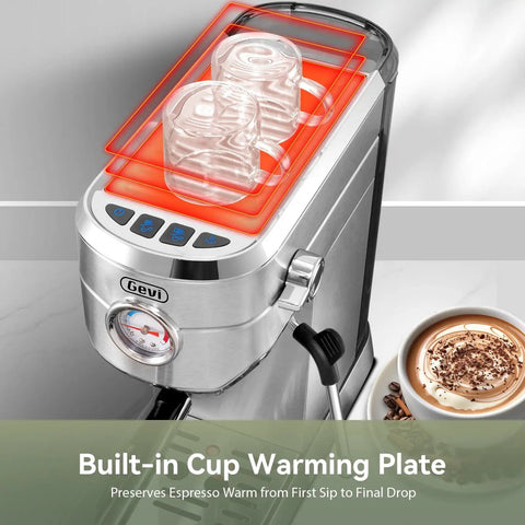 Barista Grade Espresso Machine With Milk Frother For Home Use, 20 Bar Pump, Stainless Steel Build, compact with warming plate