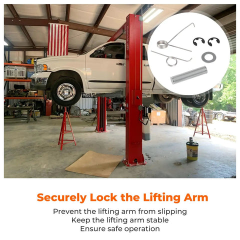 Two Pack Latch Shaft Heavy Duty Safety Spring Kit For Rotary Two Post Car Lifts Fits SPO7 SPOA7 SPO9 SPOA9 SPO10 SPOA10 Replaces FJ782-34 FJ7566-10 FJ7382-9 41388 4141 shown with a vehicle lifted in a garage workshop