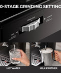 Compact Semi Automatic Espresso Machine With Built In Burr Grinder And Steam Frother 20 Bar Pressure showing grind settings and milk frother.