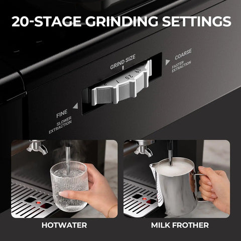 Compact Semi Automatic Espresso Machine With Built In Burr Grinder And Steam Frother 20 Bar Pressure showing grind settings and milk frother.