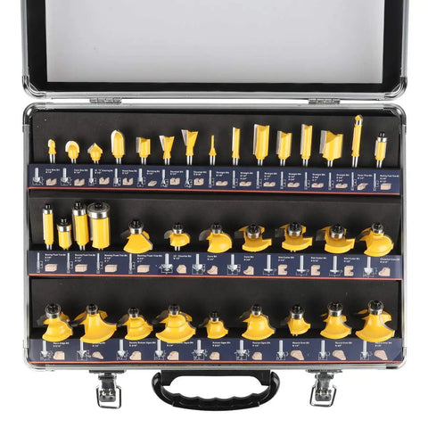 All In One 35 Piece One Quarter Inch Shank Router Bit Set With C2 Carbide For Clean Trimming Edging Grooving And Wood Milling Projects Budget Friendly Starter Kit For Beginners And Hobbyists displayed in case