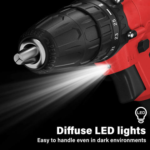 Close-up of Beastly 21V Brushless Cordless Drill Kit with LED light illuminating work area, focusing on keyless chuck.