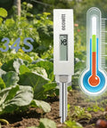 Soil Temperature Sensor With Waterproof IP65 Probe And LCD Display in garden, showing real-time temperature readings.