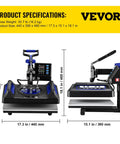 All In One 12 By 15 Inch Heat Press For DIY T Shirts Mugs Caps 360 Degree Swing Away With Dual Tube Heating Digital Control 8 In 1 Sublimation Press Blue showing dimensions