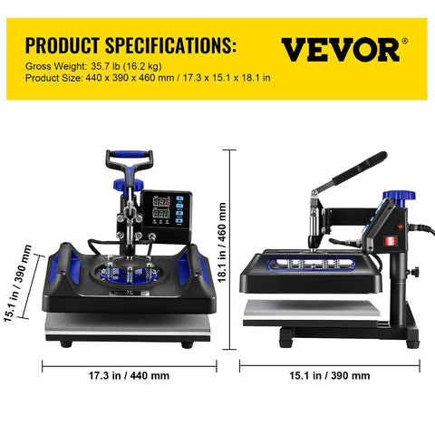All In One 12 By 15 Inch Heat Press For DIY T Shirts Mugs Caps 360 Degree Swing Away With Dual Tube Heating Digital Control 8 In 1 Sublimation Press Blue showing dimensions