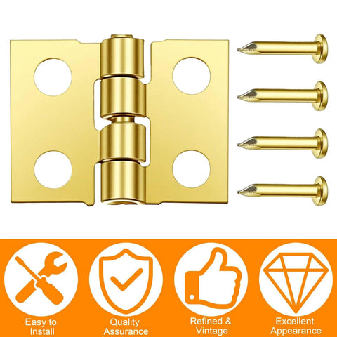 Gold mini hinge with screws, ideal for DIY projects like wooden boxes and dollhouse models. Part of the Mini Hinges Craft Set For DIY Projects For DIYers 50 Pcs With Screws Included Smooth Shaft For Wooden Boxes Dollhouse Models Small Boxes 0.39 By 0.31 Inches Great For Crafts Guduling.