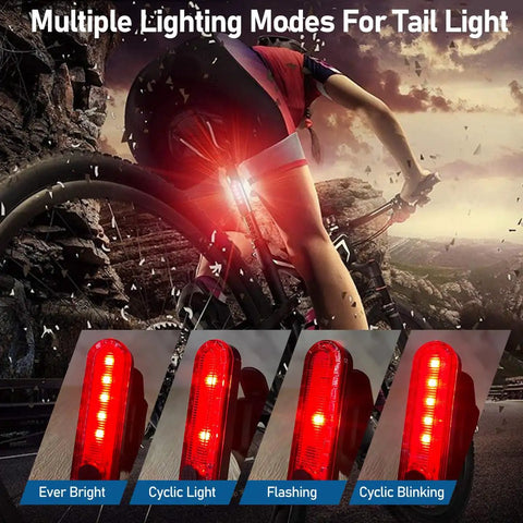 Rechargeable Solar Bike Lights With Ultra Bright Front Headlight And Rear Taillight All In One Built In Electric Bell USB Charging Waterproof Easy To Install For Road And Mountain Biking with cyclist riding displaying tail light modes