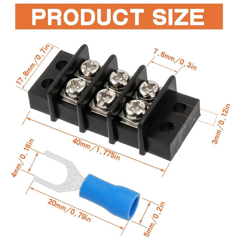 Three Circuit Terminal Block Kit With Dual Row Screw Terminals, 20-30A, 200-450V, showing size and included wire fork connector.