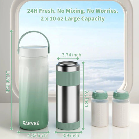 Portable Stainless Steel Breast Milk Cooler With 360 Degree Chill Holds Two Bottles For 24 Hours Mama Approved Ride Along Insulator next to two 10 oz milk bottles