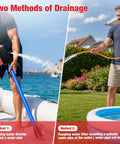 Portable Cordless Stick Water Transfer Pump for Heavy Duty fluid moving, shown in two drainage methods at the beach and backyard.