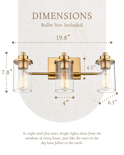 Three Light Farmhouse Modern Wall Vanity Light In Champagne Bronze Finish With Clear Glass Shades dimensions diagram