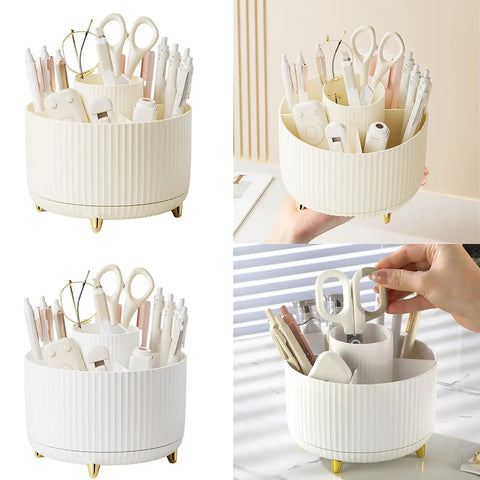 Rotating Desk Organizer With Six Compartments For Makeup Skincare Art Supplies And Office Gear Three Color Options Swivel Pen Holder And Multipurpose Storage For Markers Brushes Scraps And Essentials, cream white, 360-degree plastic desk organizer