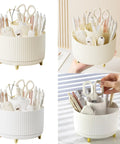 Rotating Six Compartment Desk Organizer For Makeup, Brushes, Skincare, Art Supplies And More, Perfect For Bathroom, Dresser, Countertop Or Kitchen Counter, Keeps Cosmetics, Brushes, Pencils And Markers Neat. White plastic organizer with six compartments and gold legs, shown with pens and scissors.