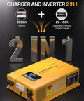Rock Solid 3000 Watt Pure Sine Wave Inverter Charger Delivers 100 Amp Battery Charging Like A Champ By Converting 12 V DC Straight To 120 V AC For RV Campers And Home Gear, yellow inverter with multiple outputs.
