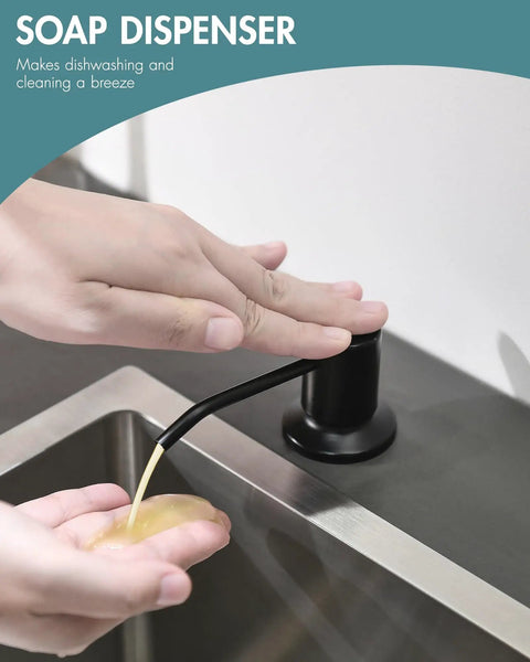 Close-up of hand using matte black LED kitchen faucet soap dispenser with pull down sprayer, a game changer for modern sinks.