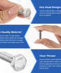 Person holding hex bolt with text about hex head design, material quality, and thread clarity. 50 Pcs 1/4-20 By 3/4 Inch Heavy-Duty Hex Head Screws Bolts Stainless Steel 304 18-8 Fully Threaded External Hex Drive Plain Finish Silver Bulk Pack For Home Repairs DIY Projects And Light Construction.