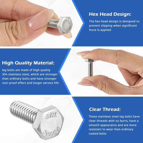 Person holding hex bolt with text about hex head design, material quality, and thread clarity. 50 Pcs 1/4-20 By 3/4 Inch Heavy-Duty Hex Head Screws Bolts Stainless Steel 304 18-8 Fully Threaded External Hex Drive Plain Finish Silver Bulk Pack For Home Repairs DIY Projects And Light Construction.