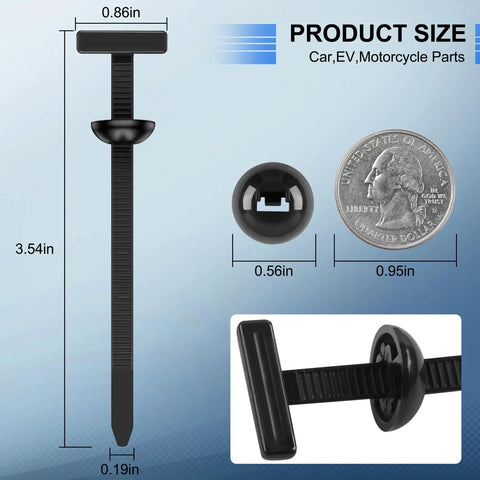 Universal Car Bumper Clip Kit For Fender And Splash Shield Repair with size details next to a quarter for scale.