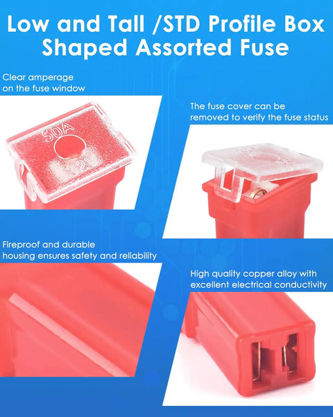 Close-up of 50A fuse from 48 Piece Tall And Low Profile Automotive Blade Fuse Assortment Kit With Puller Includes 20A 30A 40A 50A 60A 80A For Cars Trucks SUVs Boats UTVs ATVs And More Go To Fuse Kit