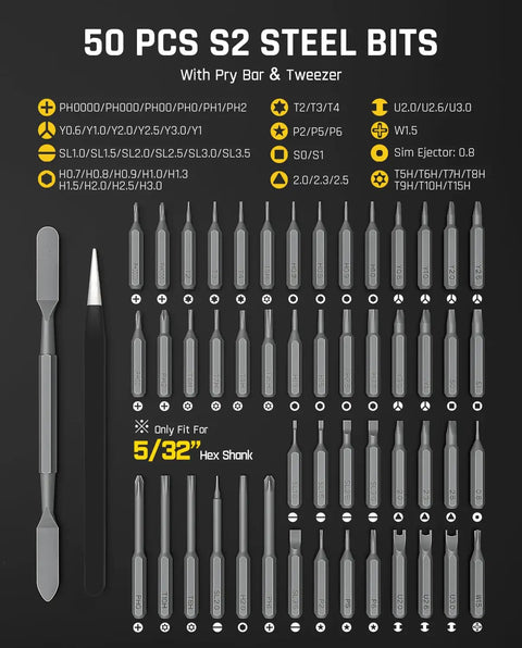 E2 Ultra Electric Screwdriver Kit 50 S2 Steel Bits with pry bar and tweezers, detailed layout of magnetic bit types.