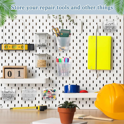 12 Pcs Pegboard Bins And Cups With Hooks And Loops Pegboard Basket Set for garage organization on workbench, translucent bins