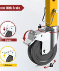5 Inch Scaffolding Caster Wheels Set Of Four With Dual Locking Swivel Casters And One And A Quarter Inch Square Stem For Stainless Steel Scaffold Tubes Heavy Duty Replacement Castors 1190 Lb Load Capacity Industrial Grade showing brake mechanism and installation on a scaffold tube.