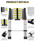 Rugged 10.5Ft Aluminum Telescoping Ladder product features detailing locks, rungs, strap, handle, and nonslip caps; 330 lb capacity.