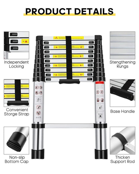 Rugged 10.5Ft Aluminum Telescoping Ladder product features detailing locks, rungs, strap, handle, and nonslip caps; 330 lb capacity.