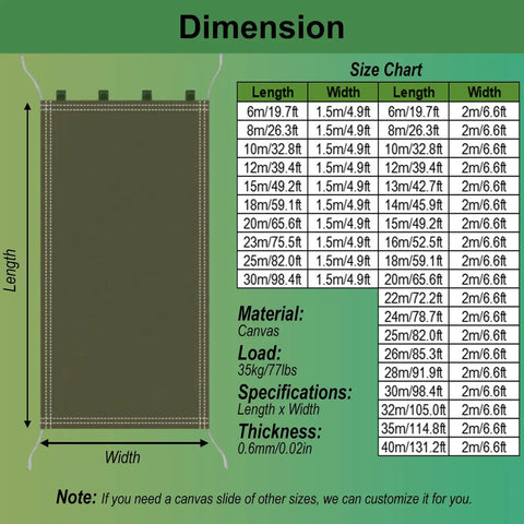 Durable Foldable Canvas Cargo Chute with Weather Resistant Build Ten By One And A Half Meter Size diagram showing dimensions and specs