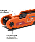 Close up of Compact Folding Hex Key Set with 12 Metric and SAE Sizes showing easy-access window cutout and tension adjuster.