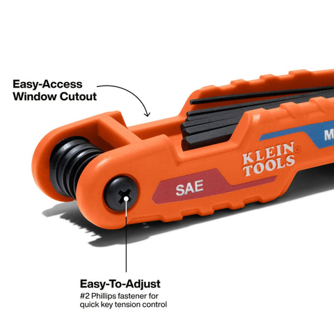 Close up of Compact Folding Hex Key Set with 12 Metric and SAE Sizes showing easy-access window cutout and tension adjuster.