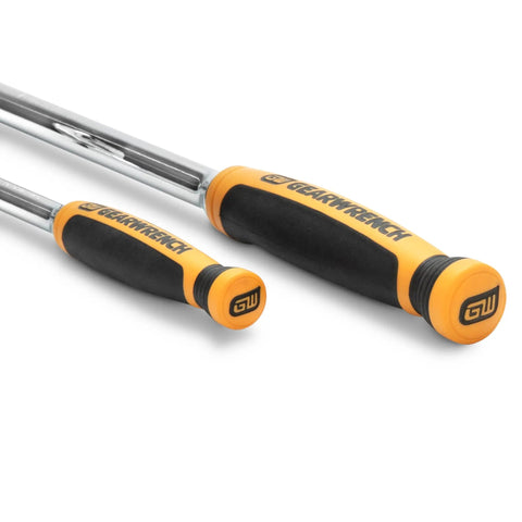 Close-up of dual material handles on Two Piece Flex Head Teardrop Ratchet Set With One Quarter Inch And Three Eighths Inch Drives 120XP