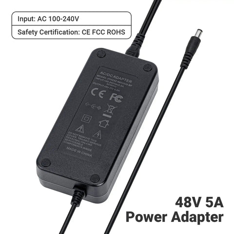 48V 5A Power Supply For Home Audio Amplifiers And Bluetooth Stereo Receivers Stable 48 Volt Adapter showing safety certifications and input details