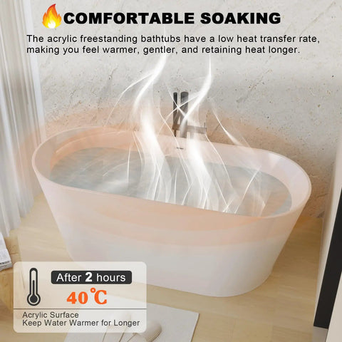 Hella Spacious Freestanding Acrylic Bathtub, Gloss White Stand Alone Soaker With Smooth Double Wall Insulation, showing warm water retention.