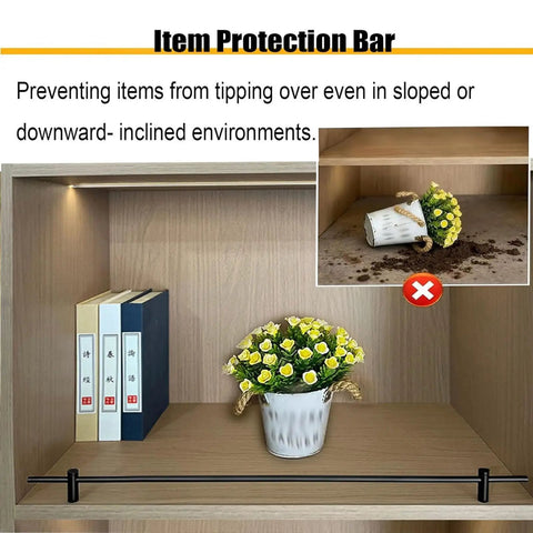 Badass Adjustable Aluminum Floating Shelf Brackets Hella Sturdy Guardrail Mounts For Cabinets And Collectibles showing item protection bar preventing tipping.