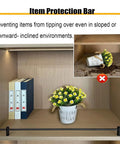 Adjustable Aluminum Shelf Guard Rails 14 To 42 Inch Anti Tip Brackets For Bookcases 8 Pack Silver shown preventing items from tipping over.