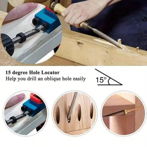 Carpenter using Joint Angle Tool And Pocket Hole Jig Set For Pro Level Carpentry, 15-degree fixture for angled wood joints