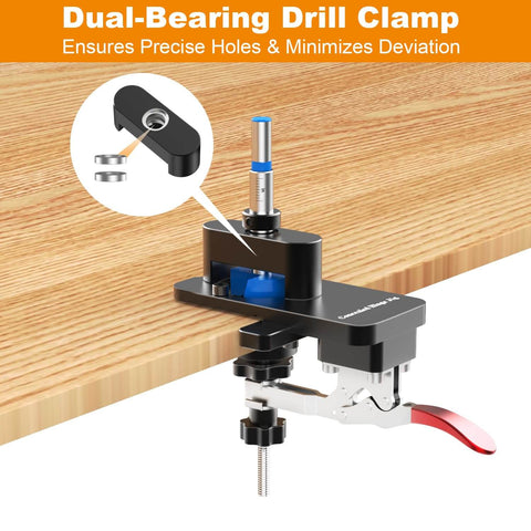 Effortlessly install cabinet hinges with precision using this all metal jig featuring carbide tipped 26mm and 35mm bits, dual depth lines, and a quick clamp for fast, accurate hinge cup drilling and secure mounting.