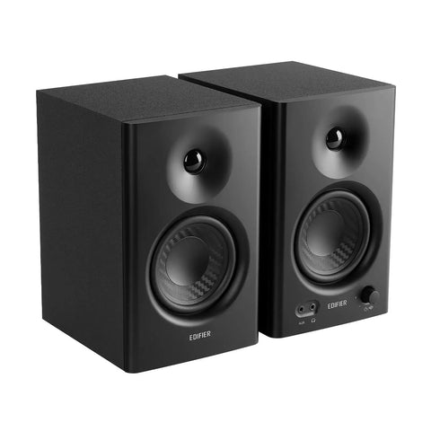 MR4 Powered Studio Monitor Speakers, 4 Inch Active Near Field Reference Monitors, Studio Grade Sound With 1 Inch Silk Dome Tweeter And 4 Inch Woofer, Black Pair For Home Studio Mixing And Music Production, front view