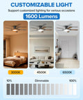 52 Inch Ceiling Fan With Remote Control And Integrated Lighting Flush Mount Style With Real Wood Blades And Matte Black Finish shows customizable lighting options.